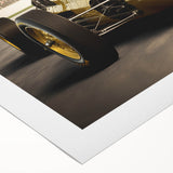 Art deco style poster showing vibrant race cars, ideal for dining room wall art, printed on rolled canvas.
