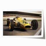 Extra large rolled print of race cars in motion, using vibrant red and blue tones, suitable for art wall dining room.