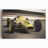 Black and white photo of race cars on a track, printed on stretched canvas.