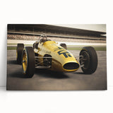 Black and white photo of race cars in motion on stretched canvas, suitable as large kitchen wall art.