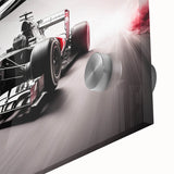 Mid-century modernist race cars in dynamic motion on large acrylic print, ideal for dining room art.