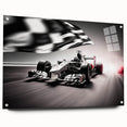 Acrylic print of race cars in motion, using vibrant primary colors, suitable for bedroom or dining room decor.