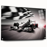 Acrylic print of race cars in motion, using vibrant primary colors, suitable for bedroom or dining room decor.