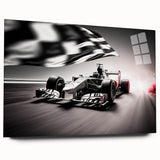 Acrylic print of a side view of race cars in motion, using vibrant colors, ideal for bedroom or dining room art.