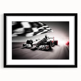 Extra large, abstract art print of colorful race cars, textured finish on black framed canvas, ideal for living room decor.