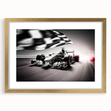 Extra large wall art featuring an abstract print of race cars in motion.