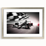 Textured art print of abstract race cars in muted gray and silver tones on a framed canvas, suitable for bedroom decor.