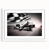 Abstract art print featuring a dynamic race car scene in vibrant red and blue tones on a framed white mat.