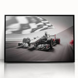 Large abstract wall art featuring race cars in motion, rendered in vivid colors on a framed acrylic.