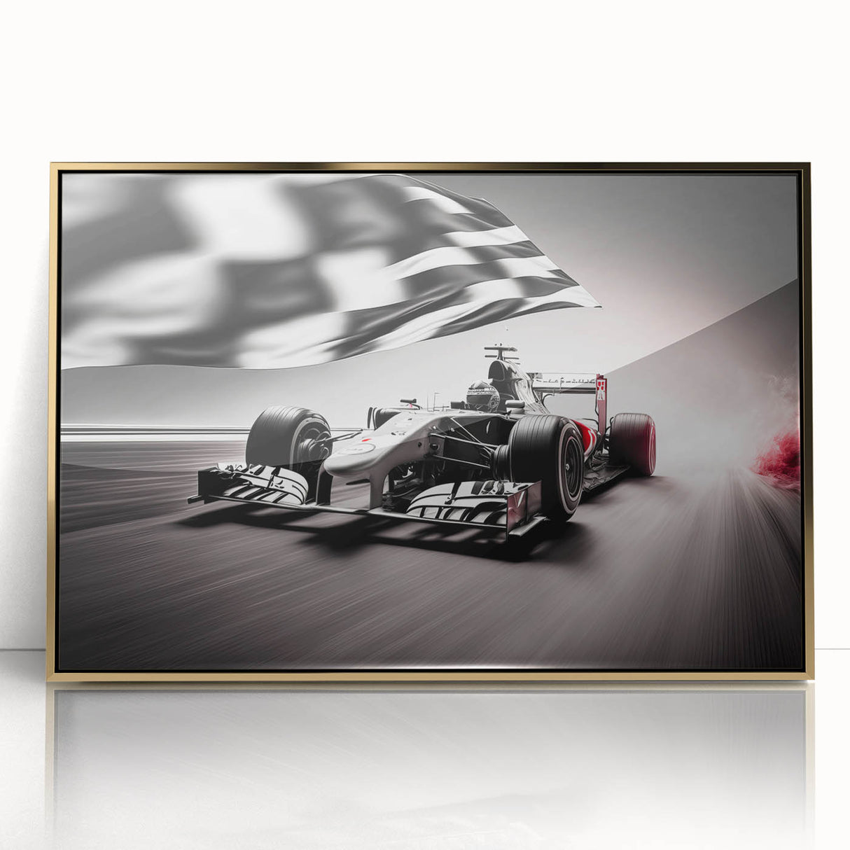 Framed acrylic print of a mid-century modernist race car scene in vibrant primary colors, ideal for nursery wall art.
