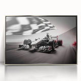 Mid-century modernist art featuring race cars in muted colors on a framed acrylic, suitable for nursery wall decor.