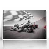 Art deco poster featuring race cars in bold primary colors on a white acrylic frame.