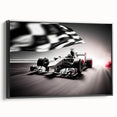 Black and white vintage poster art of race cars on framed canvas, suitable for bedroom wall decor.