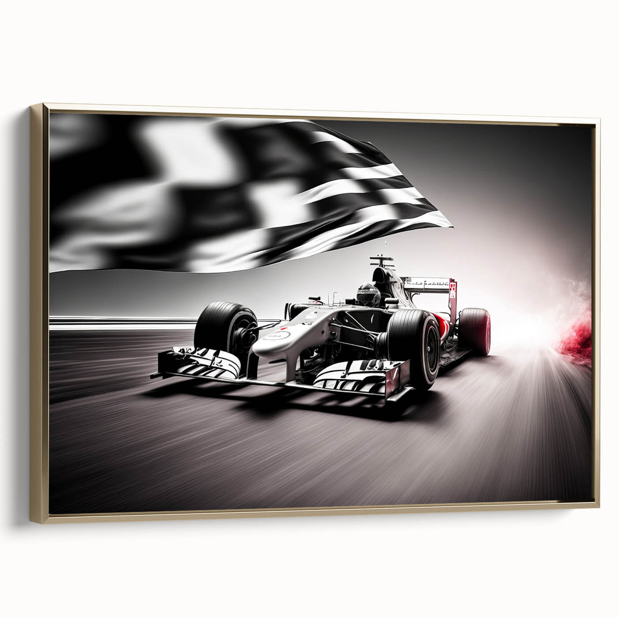 Framed canvas featuring a vintage car race in muted black and gold tones, ideal for bedroom wall art.