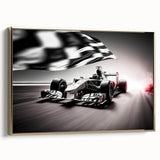 Framed canvas featuring a vintage car race in muted black and gold tones, ideal for bedroom wall art.