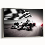 Silver framed canvas depicting a side view of vintage race cars in vibrant colors, ideal for an automotive-themed office.