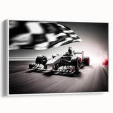 Vintage poster art of race cars in dynamic colors on extra large framed canvas, ideal for living room decor.