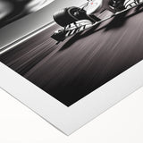 Art deco style poster of race cars in vibrant red and blue on rolled canvas, suitable for dining room decor.