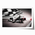 Rolled print of race cars in motion, using a palette of bright primary colors, suitable for art wall dining room.
