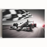 Black and white print of race cars on a large stretched canvas, suitable as kitchen wall art or for bedroom ambiance.