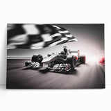 Black and white print of race cars in motion on stretched canvas, suitable for adding dynamic flair to kitchen decor.