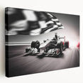 Colorful depiction of race cars in motion on a stretched canvas, suitable as vibrant kitchen wall art.