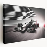 Colorful depiction of race cars in motion on a stretched canvas, suitable as vibrant kitchen wall art.