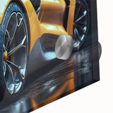 Acrylic print of race cars in dynamic motion, using bold colors, ideal for dining room art in a mid-century modernist style.