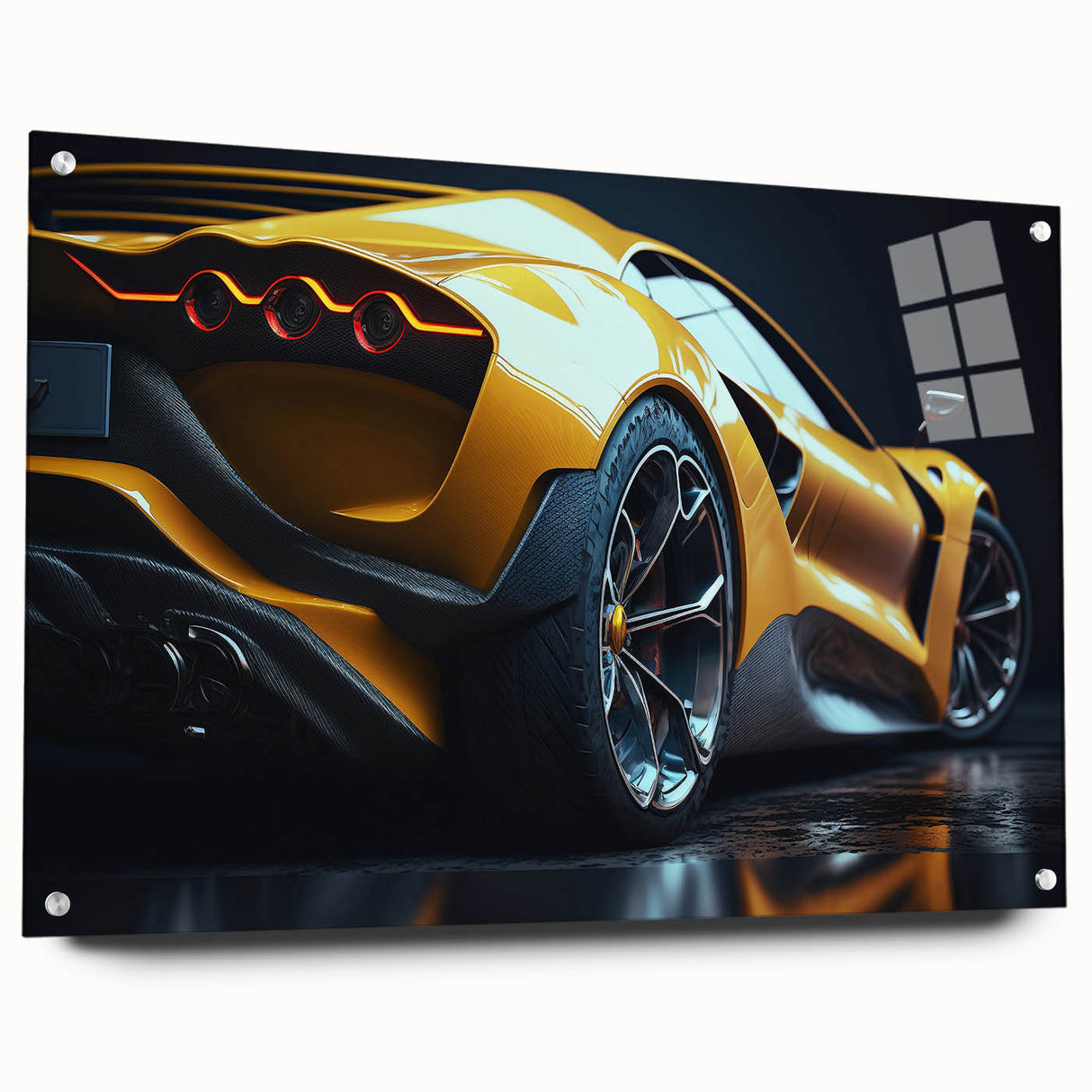 Acrylic print of race cars in motion, featuring vivid red and blue tones, suitable for bedroom or dining room decor.