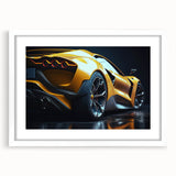 Abstract art print of race cars in motion, using bold red and blue tones on a white framed canvas.