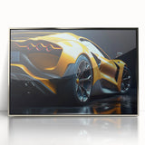 Mid-century modernist race car illustration in vibrant primary colors on a silver-framed acrylic print.