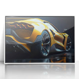 Art deco poster of race cars in motion, rendered in bright primary colors on a white acrylic frame.