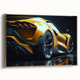 Framed canvas featuring a side view of vintage race cars in black and gold, ideal for bedroom wall decor.