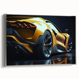 Framed canvas depicting a vintage race car in black with colorful accents, ideal for a themed game room or office.