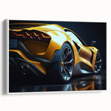 Vintage poster art of colorful race cars on a black background, framed canvas, ideal for living room decor.
