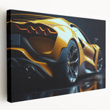 Large art depicting a side view of race cars in vibrant red and blue tones on stretched canvas.