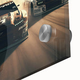 Mid-century modernist race cars in vibrant colors on large acrylic glass, ideal for dining room art.