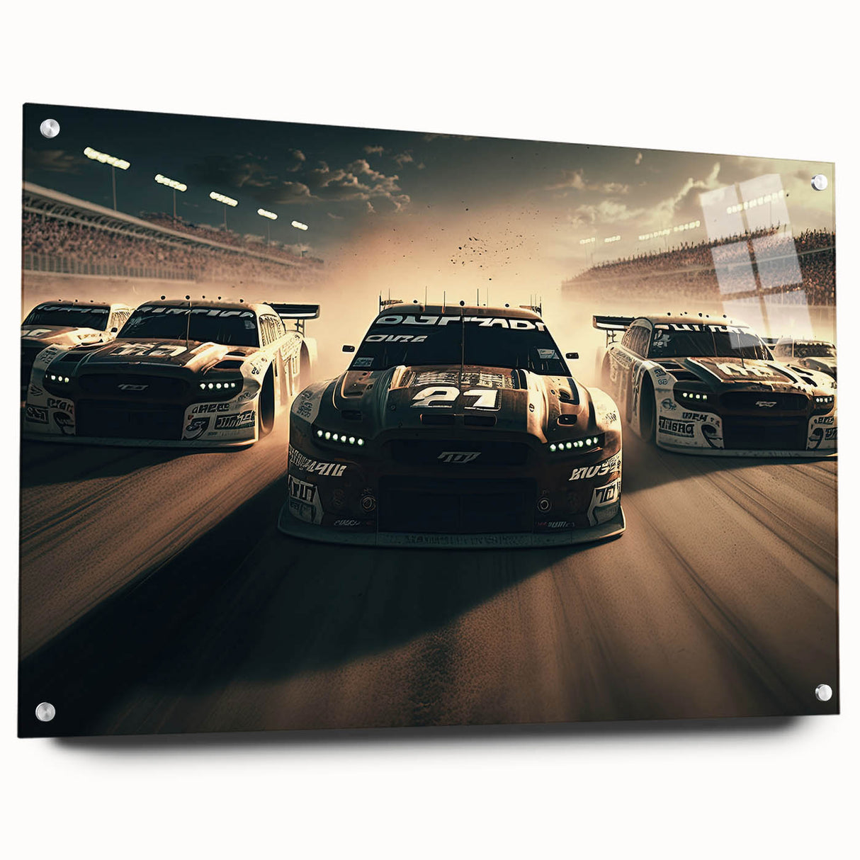Side view of race cars in motion on acrylic glass, featuring vibrant red and blue tones.