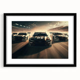 Abstract art print of race cars in motion, using vibrant red and blue tones on a black framed canvas.