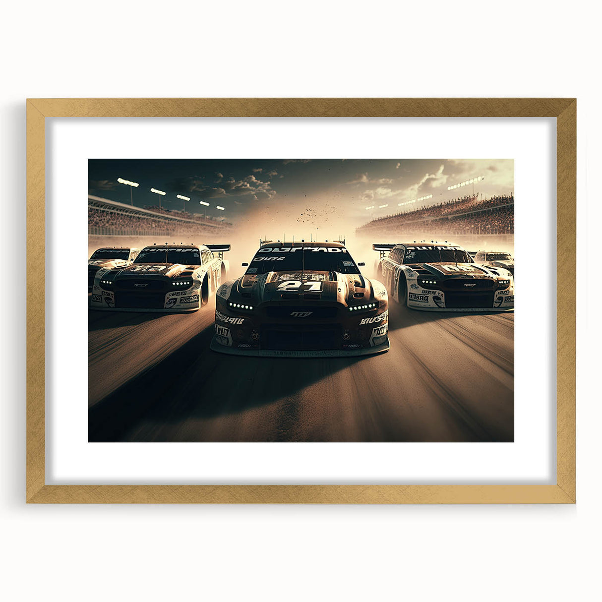 Extra large abstract art print featuring colorful race cars, textured details on a gold-framed canvas.