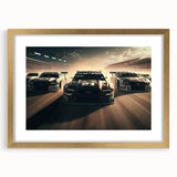 Extra large abstract art print featuring colorful race cars, textured details on a gold-framed canvas.