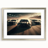 Extra large abstract art print featuring race cars in vibrant colors on a textured canvas, ideal for living room decor.