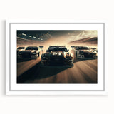 Abstract art print of race cars in motion, using textured art style with vibrant colors on a white framed mat.