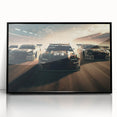 Large abstract wall art featuring race cars in motion.