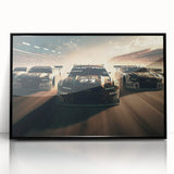 Large abstract wall art featuring race cars in motion.