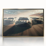 Mid-century modernist race car design in vibrant colors on a gold-framed acrylic, ideal for nursery wall art.