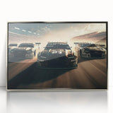 Mid-century modernist art depicting a vintage car race in vibrant red and blue tones, framed acrylic.