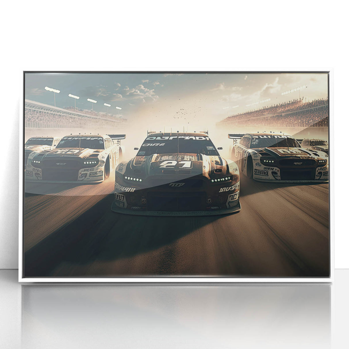 Art deco style race cars in vibrant colors on a white acrylic framed poster, suitable for modern nursery wall decor.