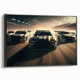 Black and white framed canvas featuring a side view of vintage race cars, ideal for bedroom wall decor.