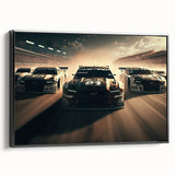 Black and white framed canvas featuring a side view of vintage race cars, ideal for bedroom wall decor.